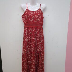 Shein Ditsy Floral Waist Patchwork Hollow Lace Hem High Slit Slip Dress L Red